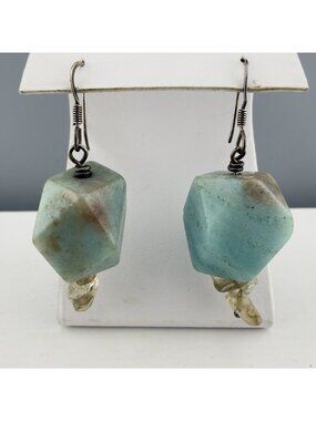 Artisan Aqua Blue Stone Earrings Chunky Nugget Dangle Sterling Silver Wires 2”